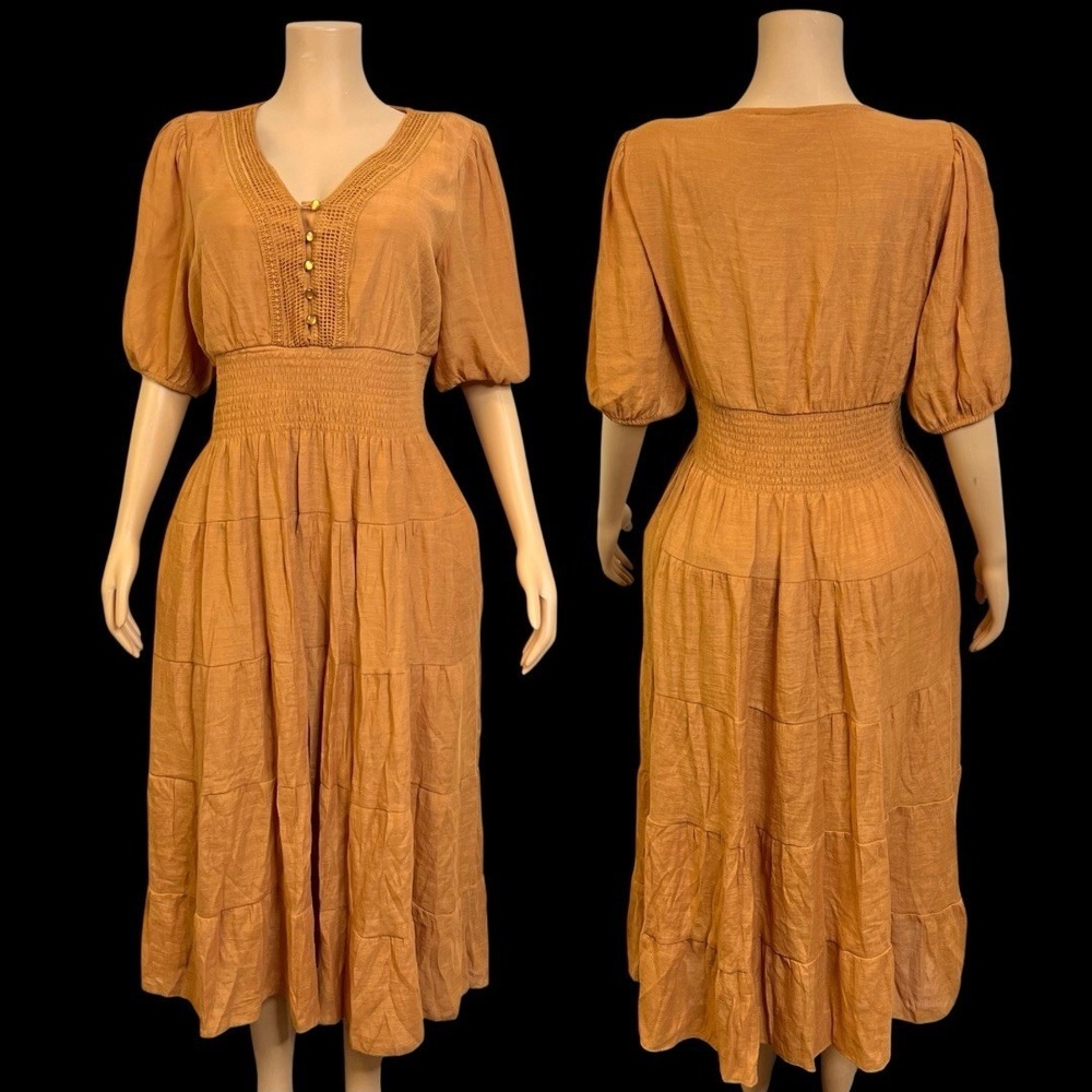 J‎ Gee Boho Puff Sleeve Tiered Orange Maxi Dress Smocked Cottagecore Size XL